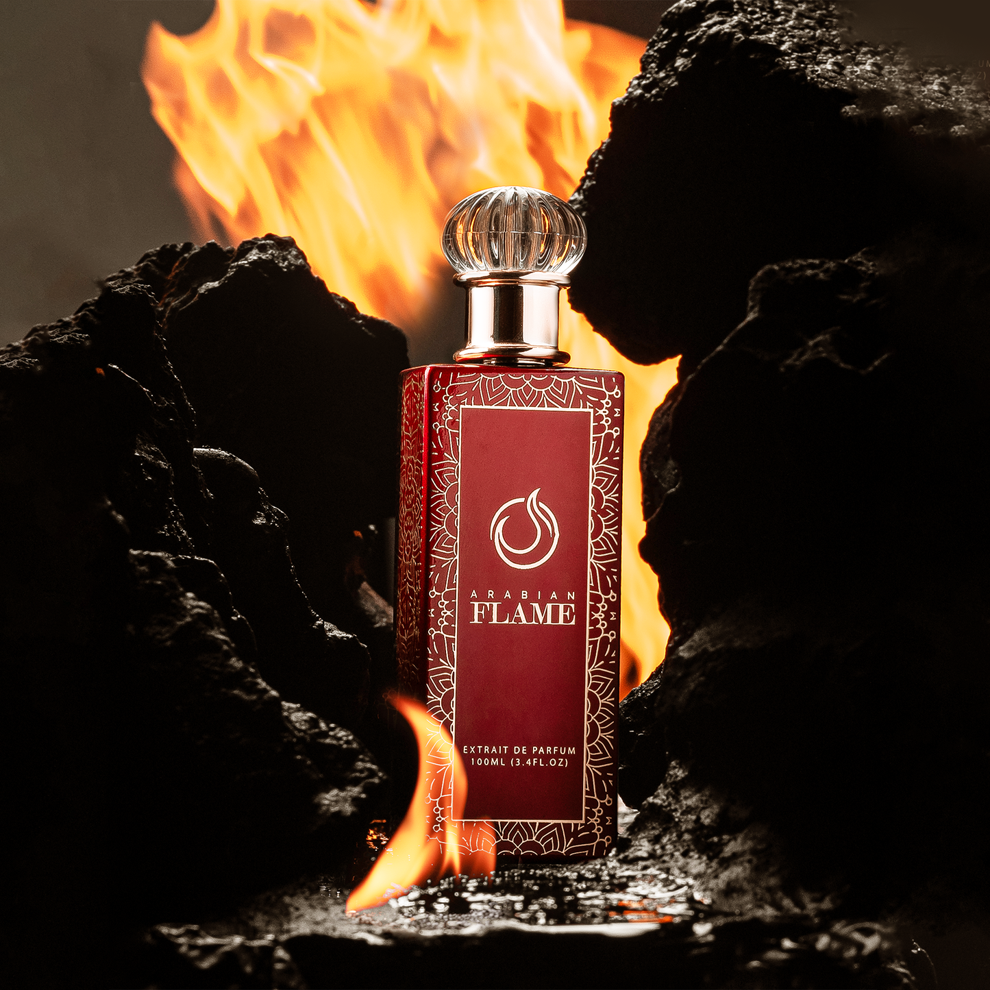 Arabian Flame Extrait de Parfum Bottle - Red Design with Fire Background, 100ml