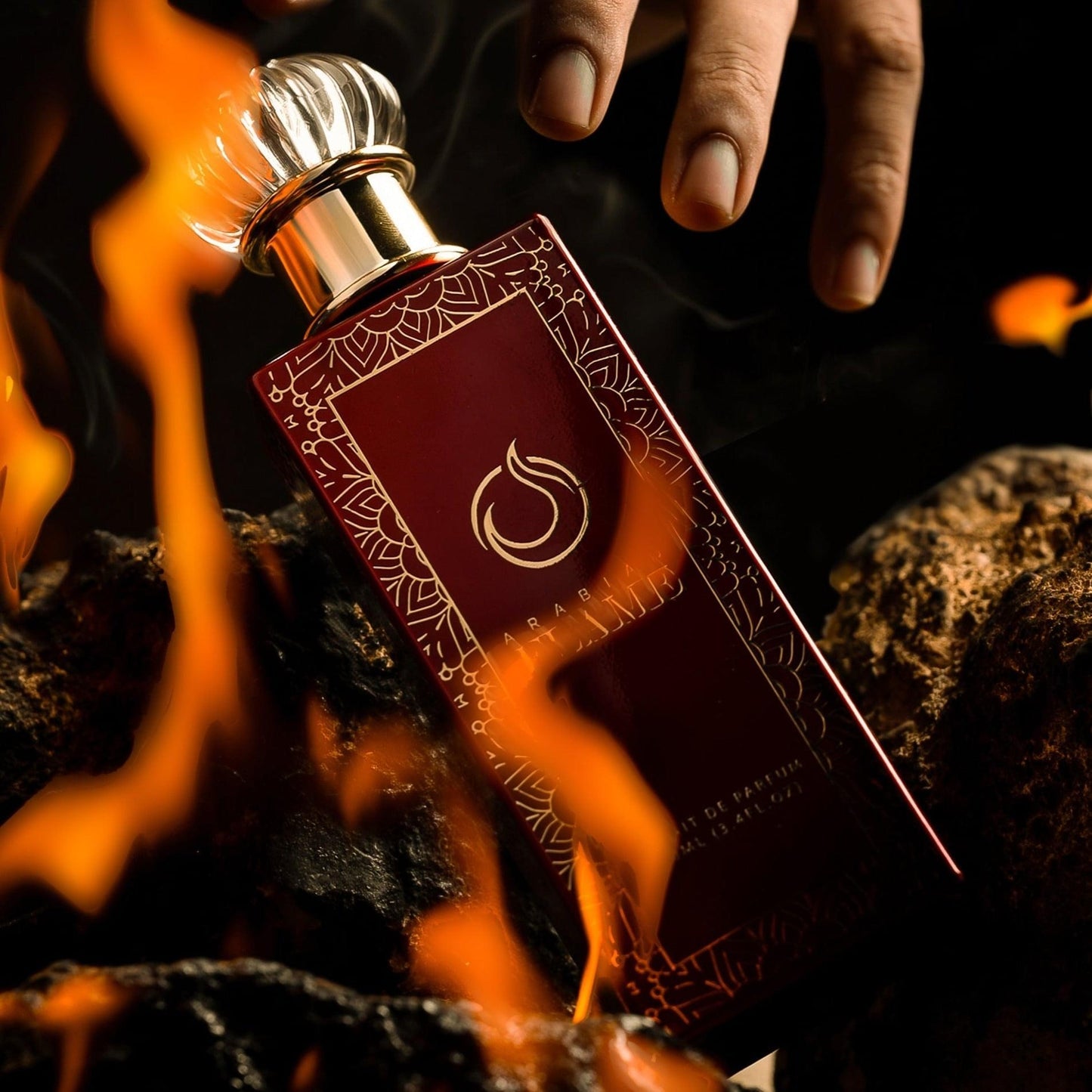 Arabian Flame Perfume, Bold Red Design and Fiery Backdrop, 100ml Extrait de Parfum