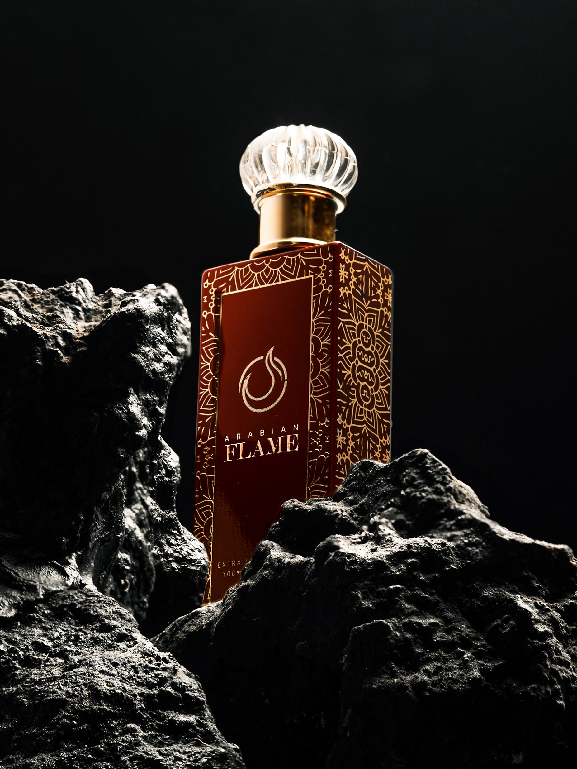 Arabian Flame Fragrance, Red Ornate Bottle Set Against Rocky Background, 100ml